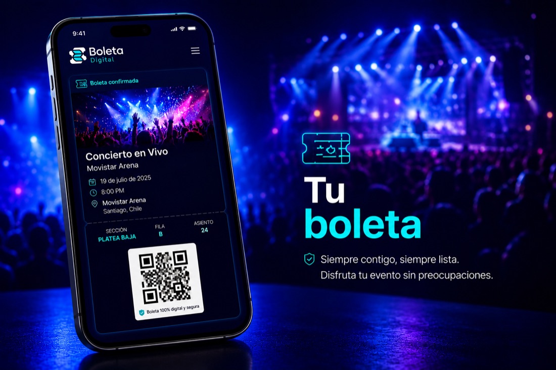 Boleta emitida con su código QR, fecha, sala y asientos, con opciones para descargarla o compartirla