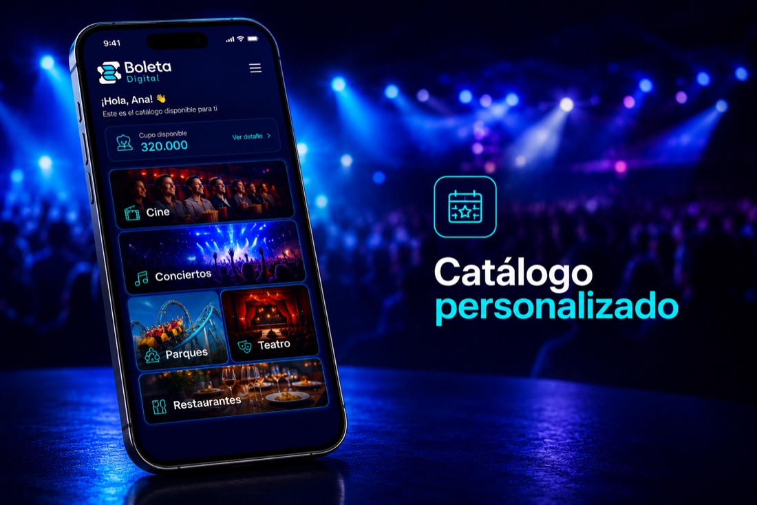 Inicio del asociado con su cupo disponible y las categorías de experiencias: cine, conciertos, parques, restaurantes y deportes