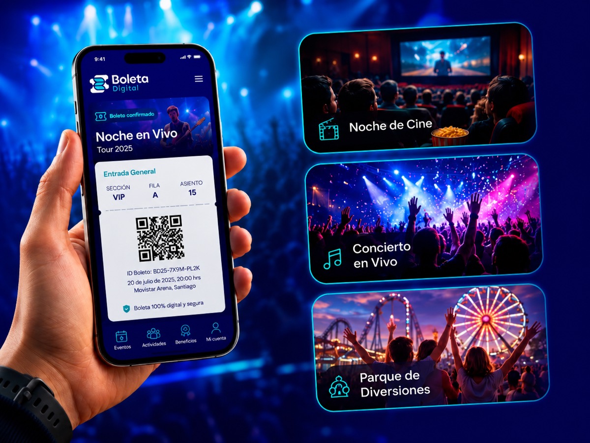 Mano sosteniendo un teléfono con la app de Boleta Digital: boleta confirmada con código QR, junto a categorías de cine, conciertos y parques de diversiones