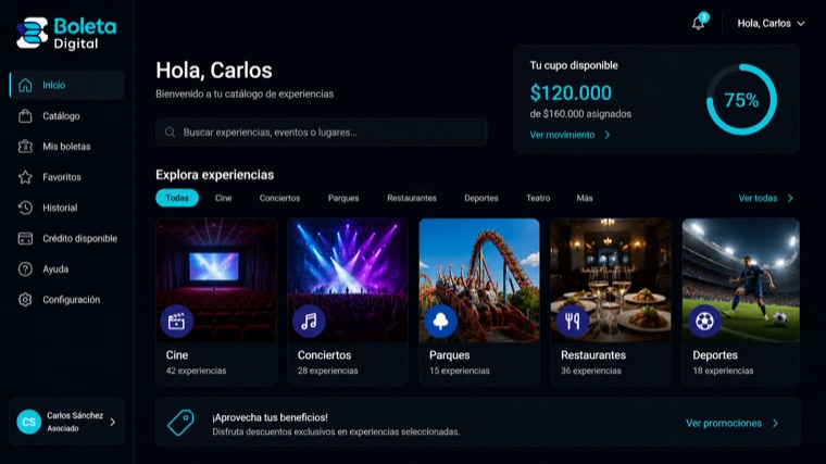 Inicio del asociado: saludo personalizado, cupo disponible y catálogo de experiencias por categoría