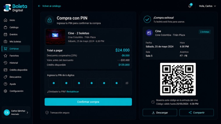 Confirmación de compra con PIN de seis dígitos y boleta emitida con su código QR listo para presentar en el ingreso