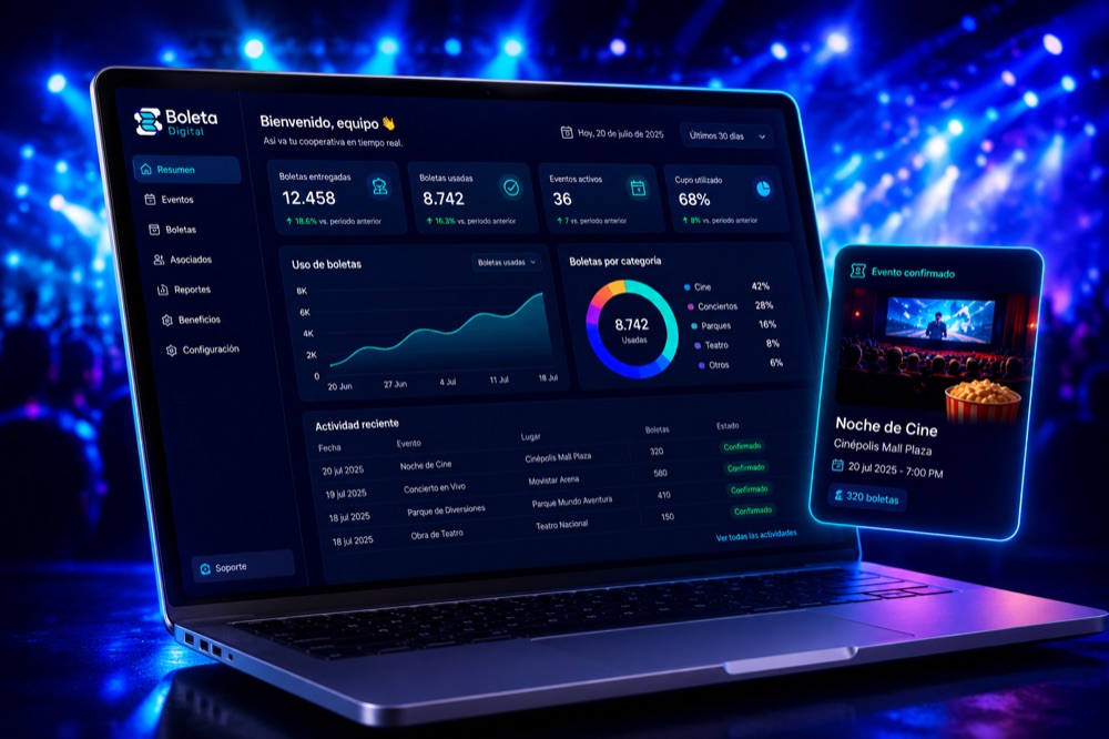 Panel ejecutivo de Boleta Digital en un portátil: boletas entregadas, boletas usadas, eventos activos y cupo utilizado, con gráficas de uso y actividad reciente